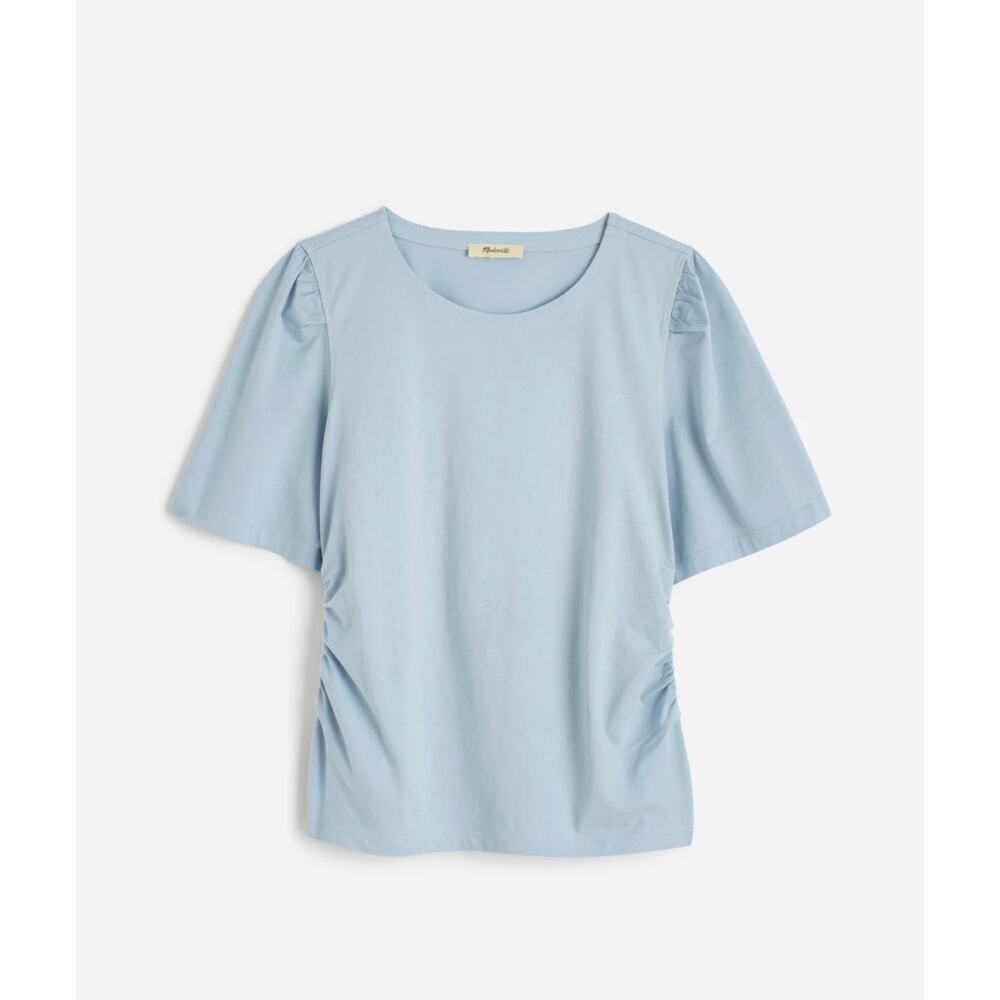 NEW Madewell Side Cinch Puff Sleeve Tee Shirt Cotton Feather Blue Round Neck XXS